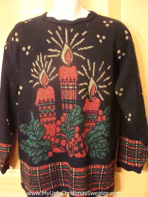 80s Vintage Ugly Christmas Sweater with Candles and Plaid Trim