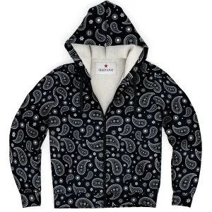 Black Paisley Zip Up Fleece Lined Hoodie, Bandana Heavyweight Full Zipper Pocket Men Women Unisex Aesthetic Hooded Sweatshirt Jacket