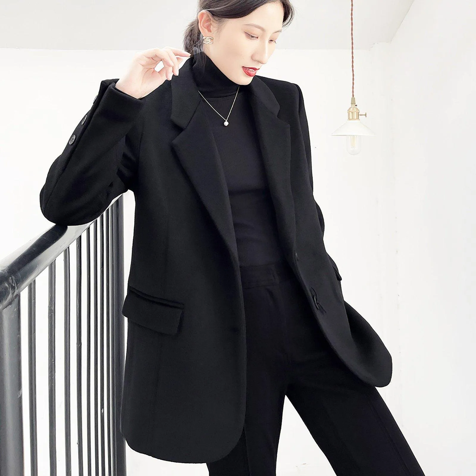 Black Single Breasted Wool Blend Blazer