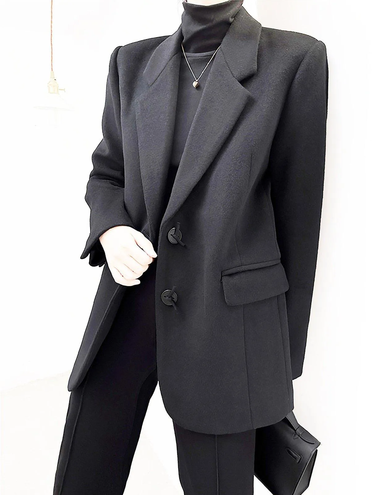 Black Single Breasted Wool Blend Blazer