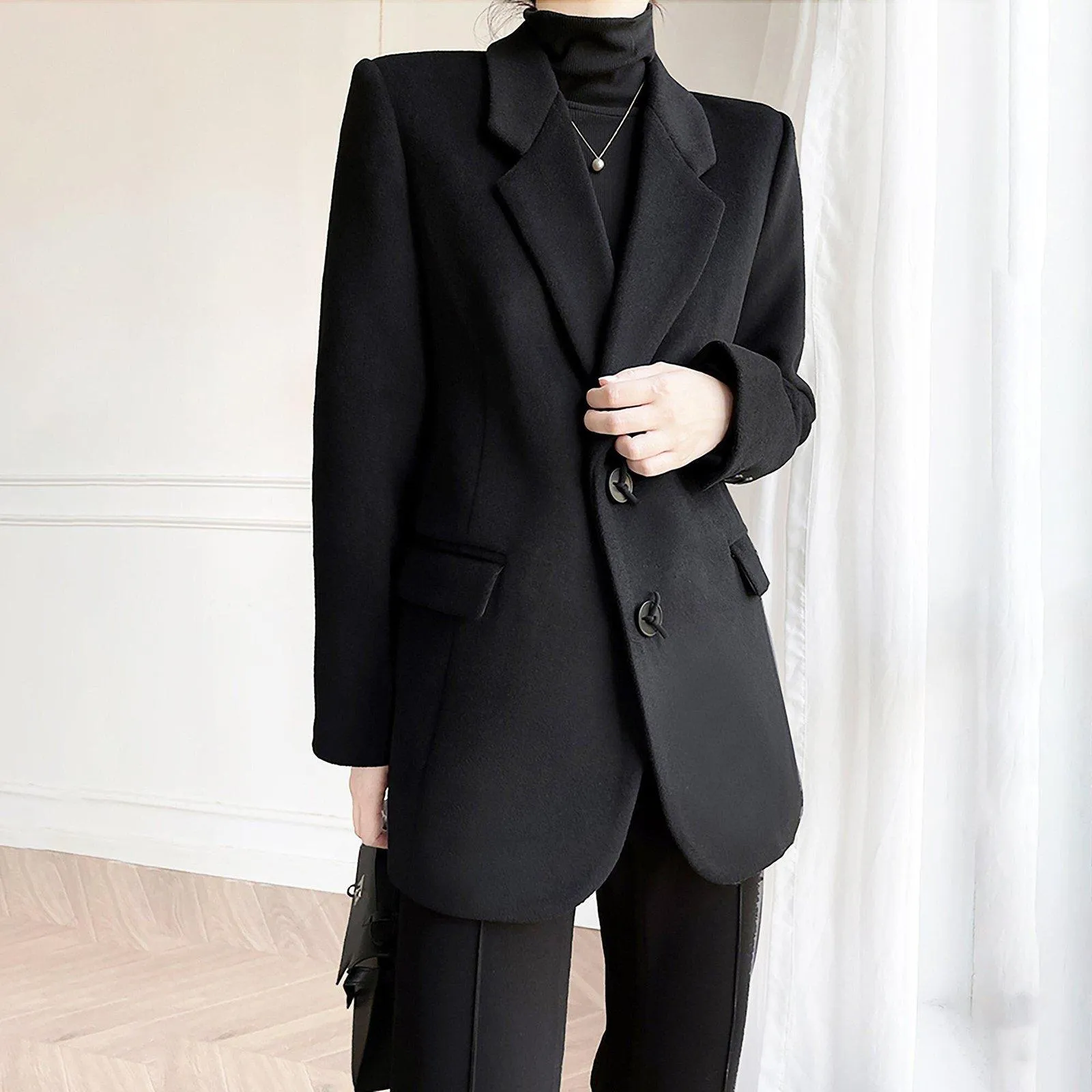 Black Single Breasted Wool Blend Blazer