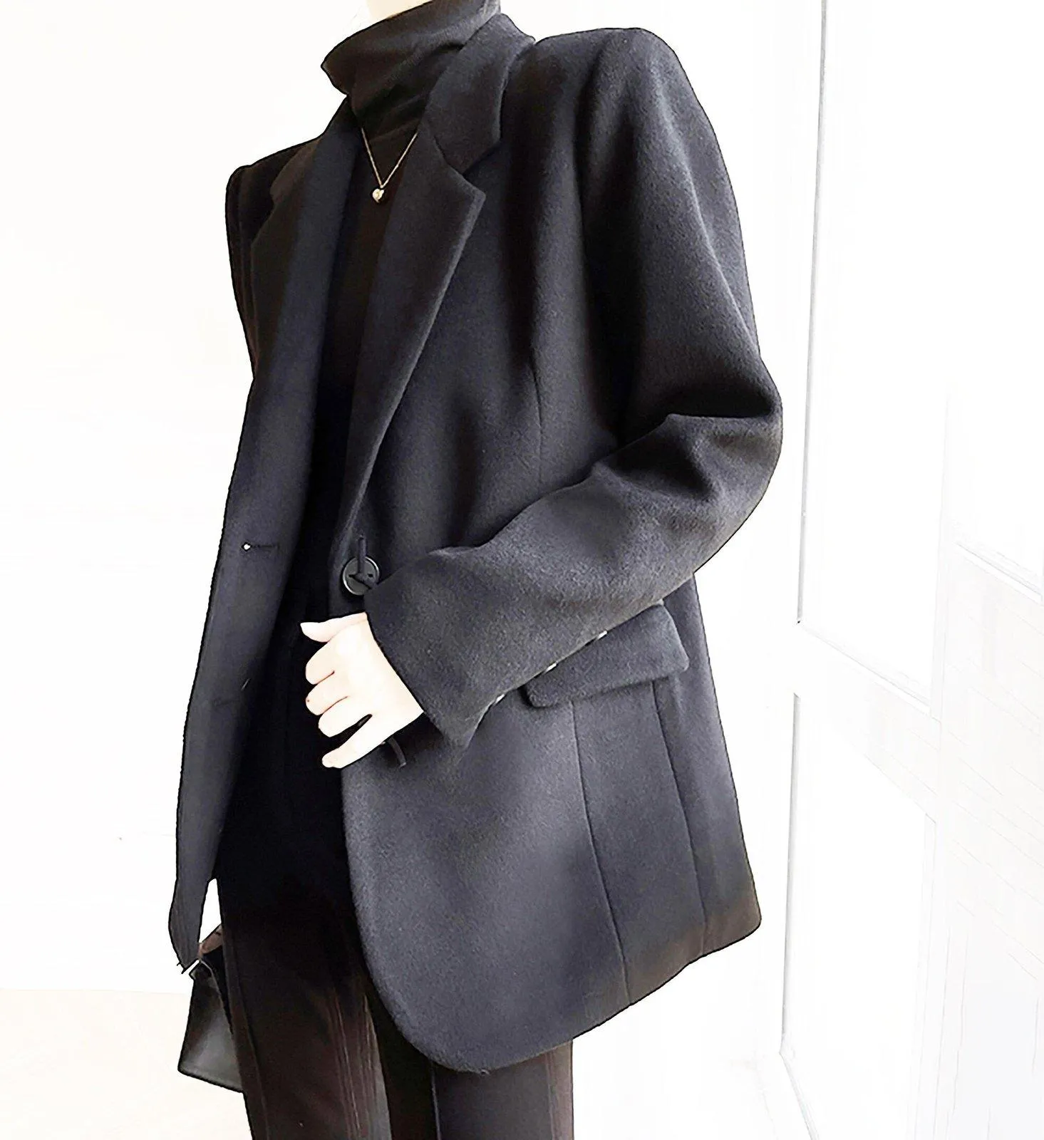 Black Single Breasted Wool Blend Blazer