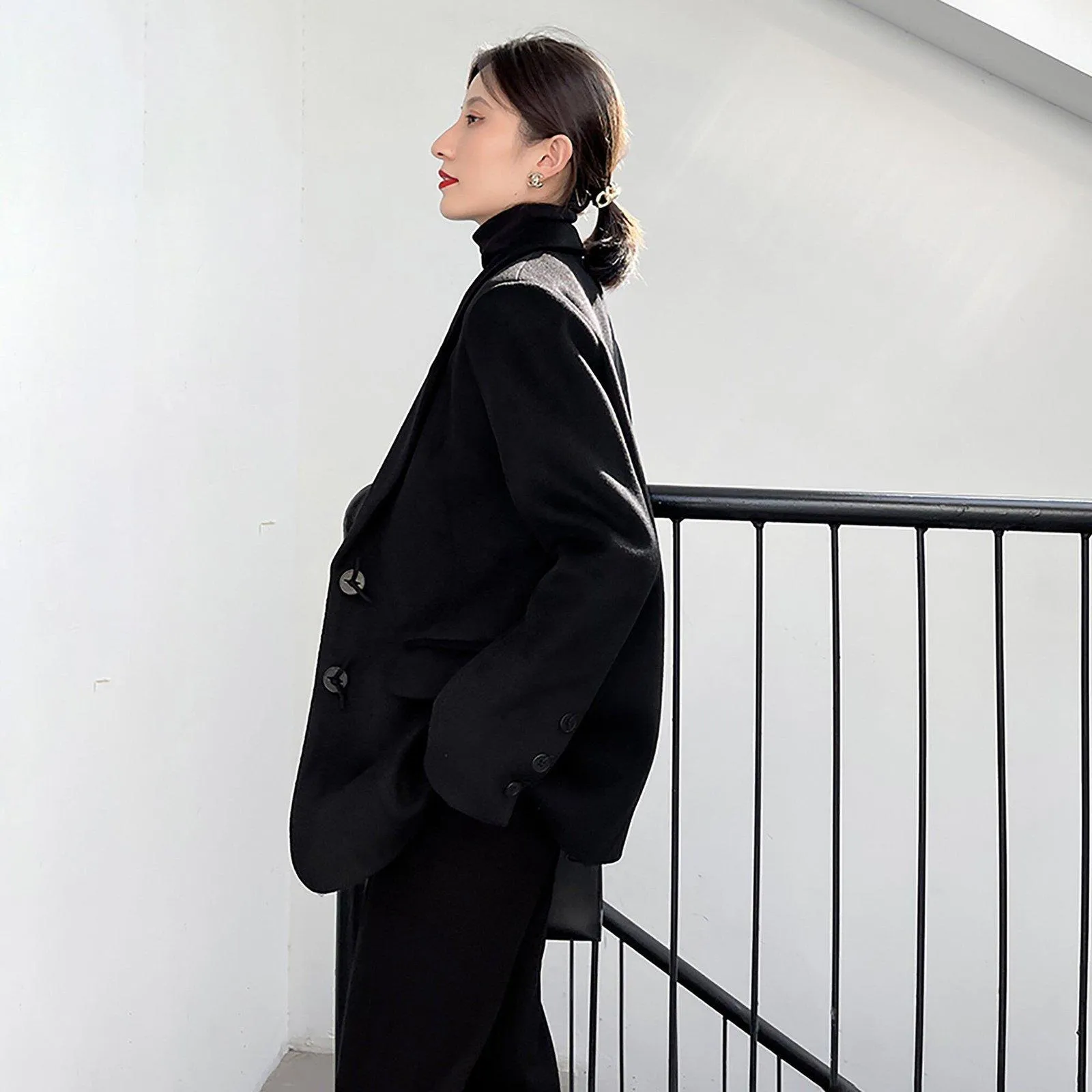 Black Single Breasted Wool Blend Blazer