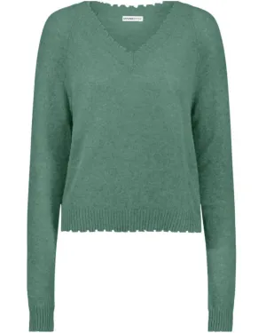 Cloudy Jade Fray V Neck Cashmere Sweater