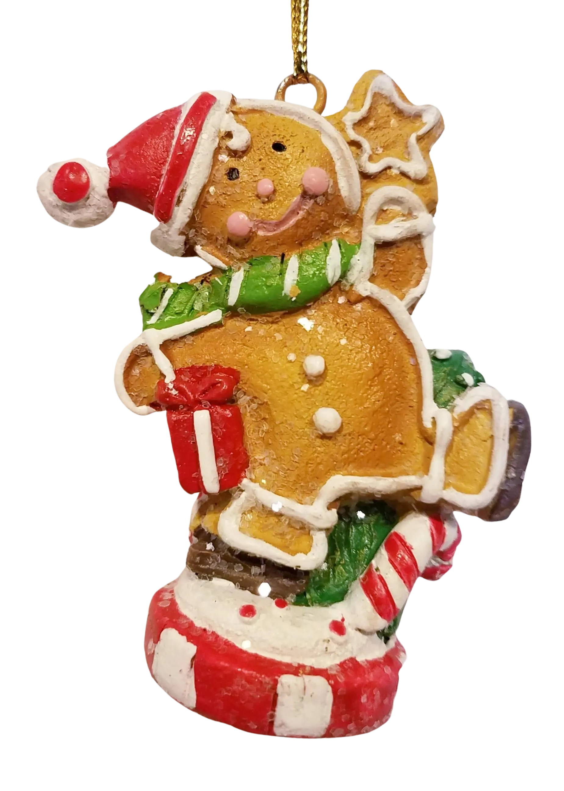Gingerbread Resin Ornament Wearing Santa Hat with Presents  3"