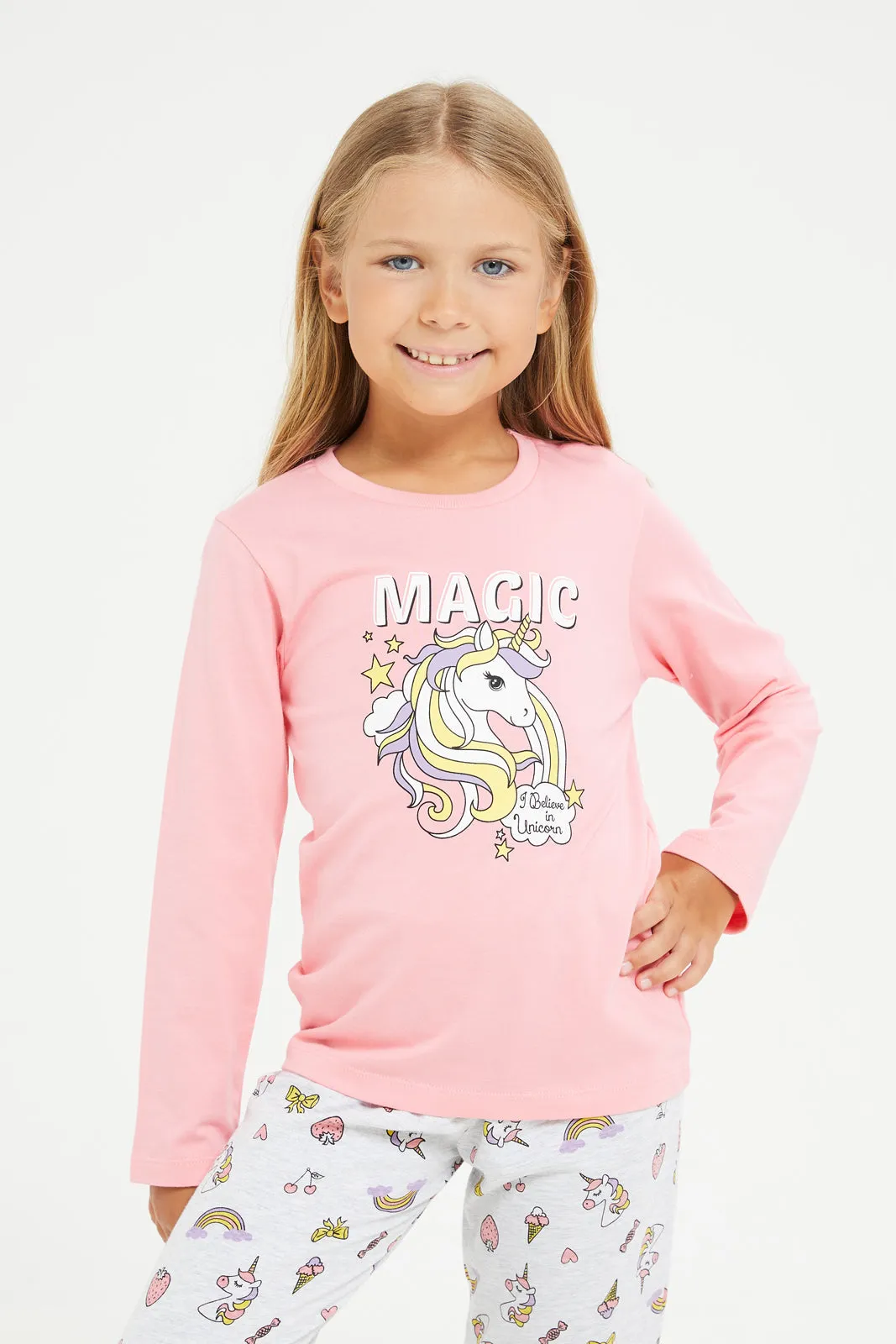 Girls Pink And Grey Printed Pyjama Set (2 Piece)