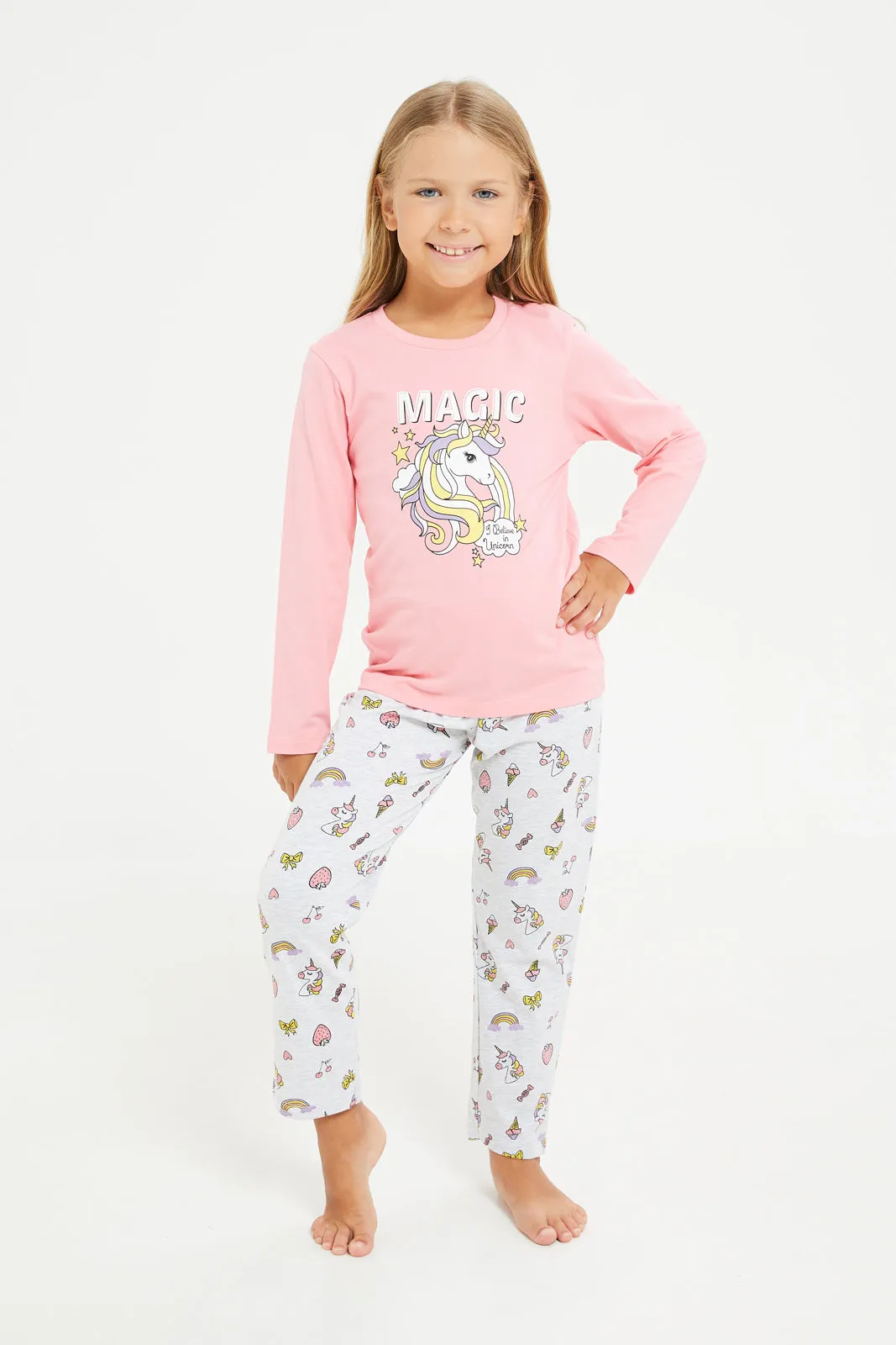Girls Pink And Grey Printed Pyjama Set (2 Piece)
