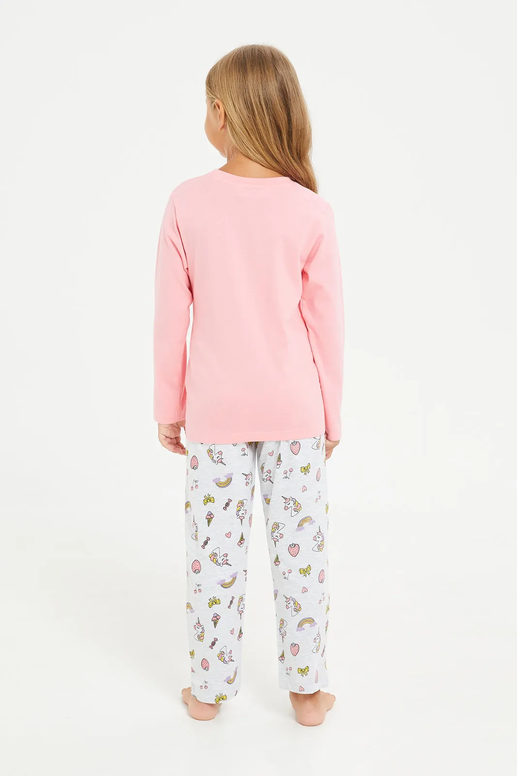 Girls Pink And Grey Printed Pyjama Set (2 Piece)
