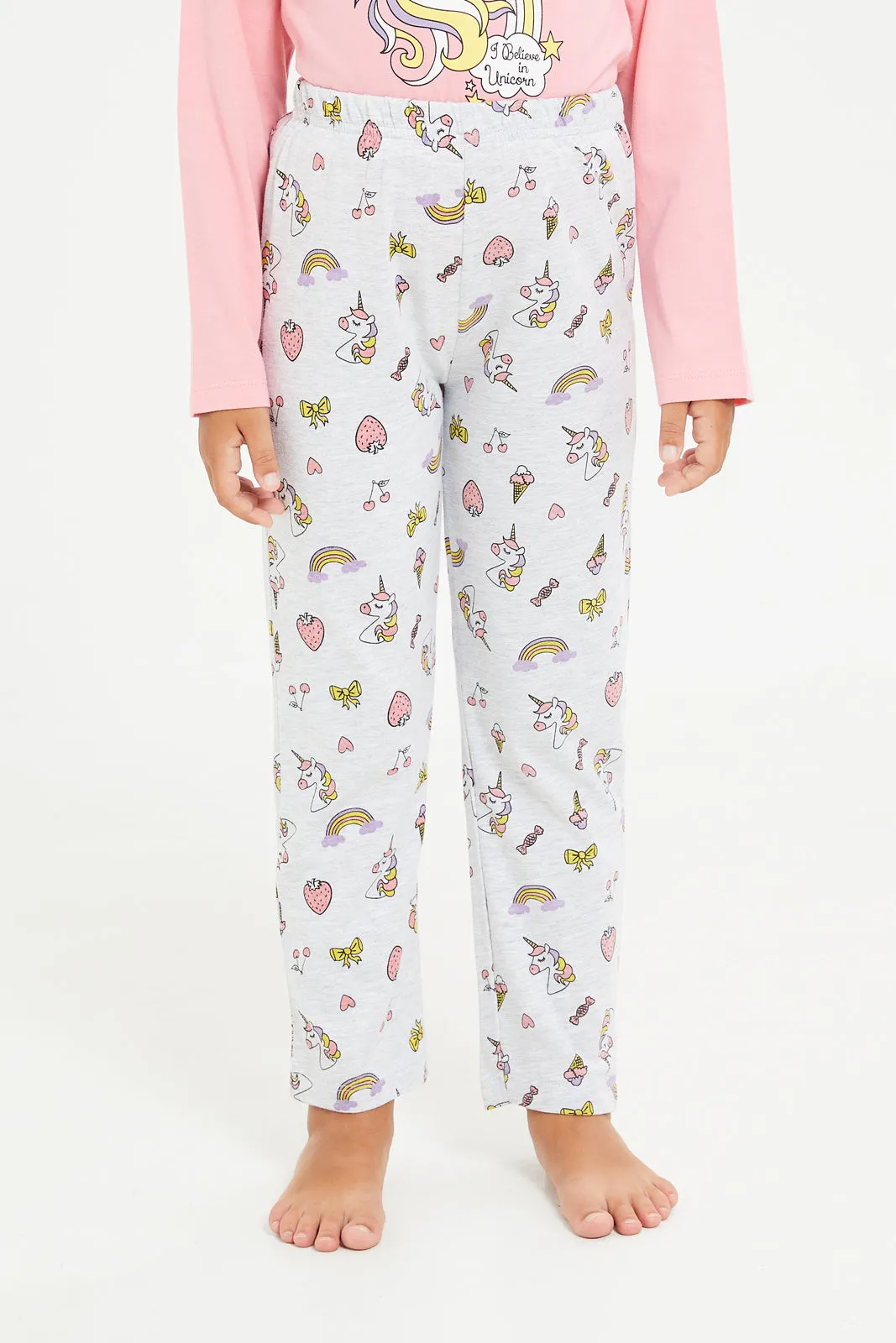 Girls Pink And Grey Printed Pyjama Set (2 Piece)