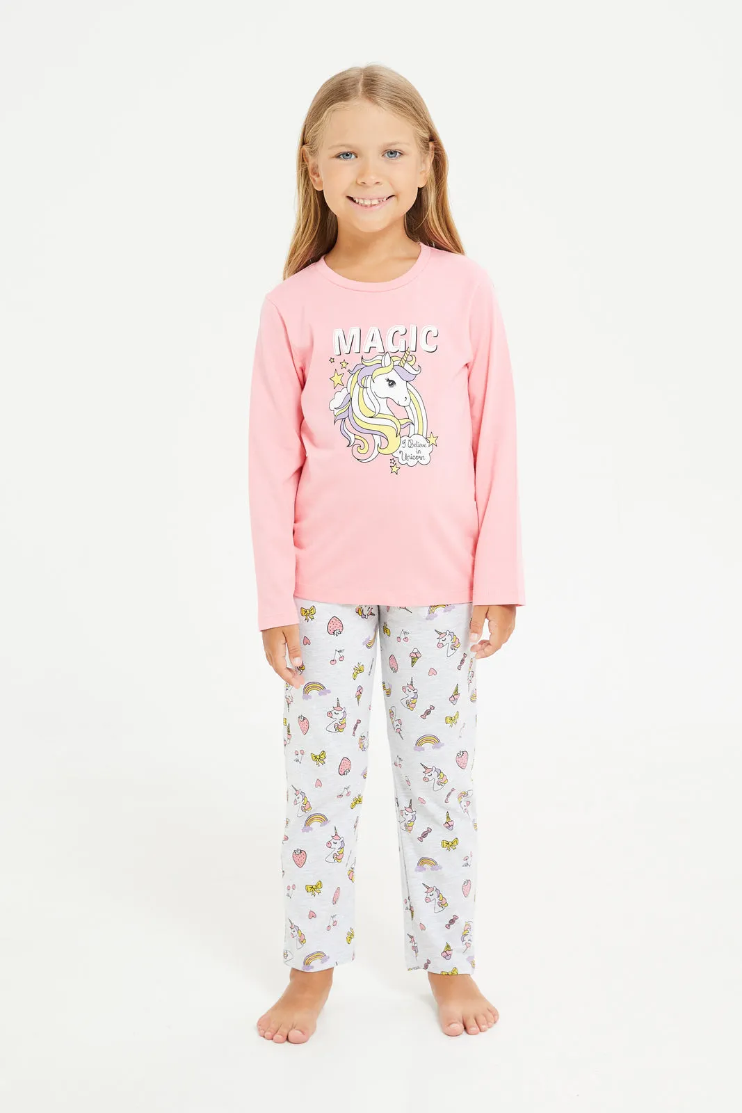 Girls Pink And Grey Printed Pyjama Set (2 Piece)