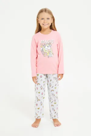 Girls Pink And Grey Printed Pyjama Set (2 Piece)