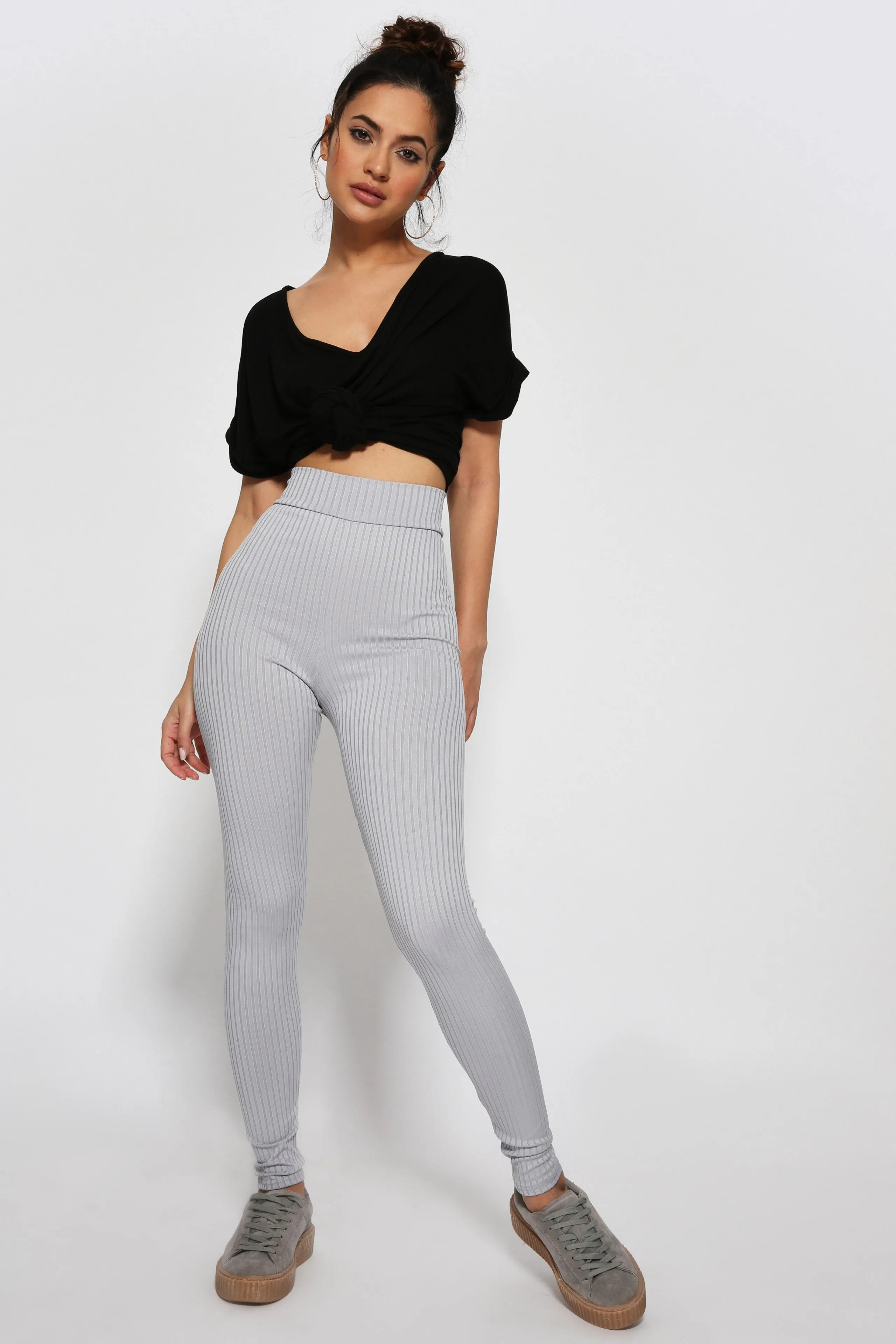Grey Super High Waisted Ribbed Leggings