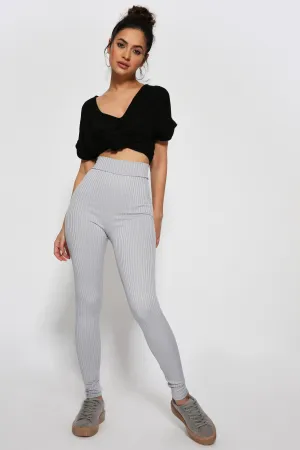Grey Super High Waisted Ribbed Leggings