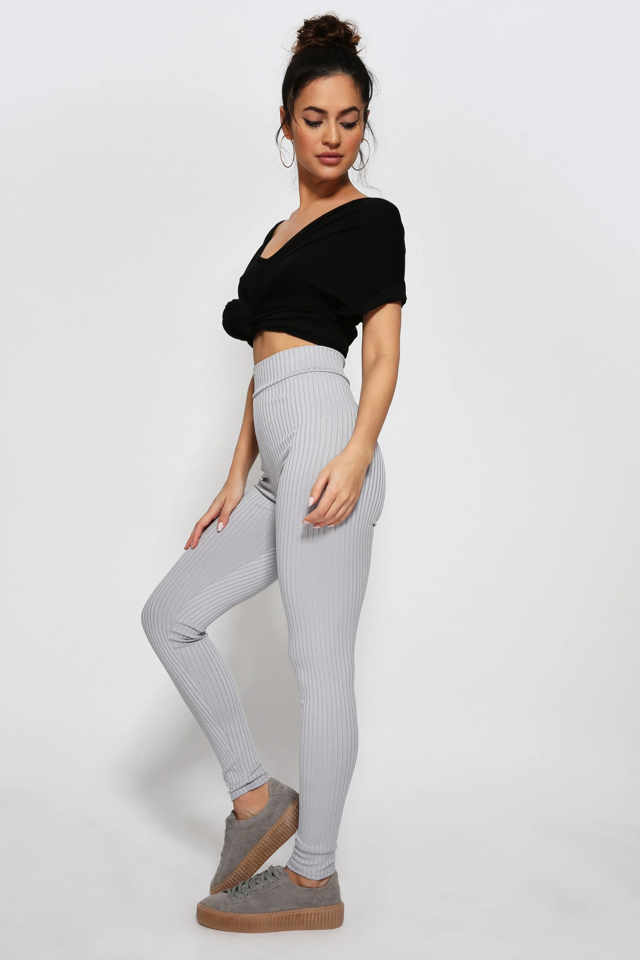 Grey Super High Waisted Ribbed Leggings