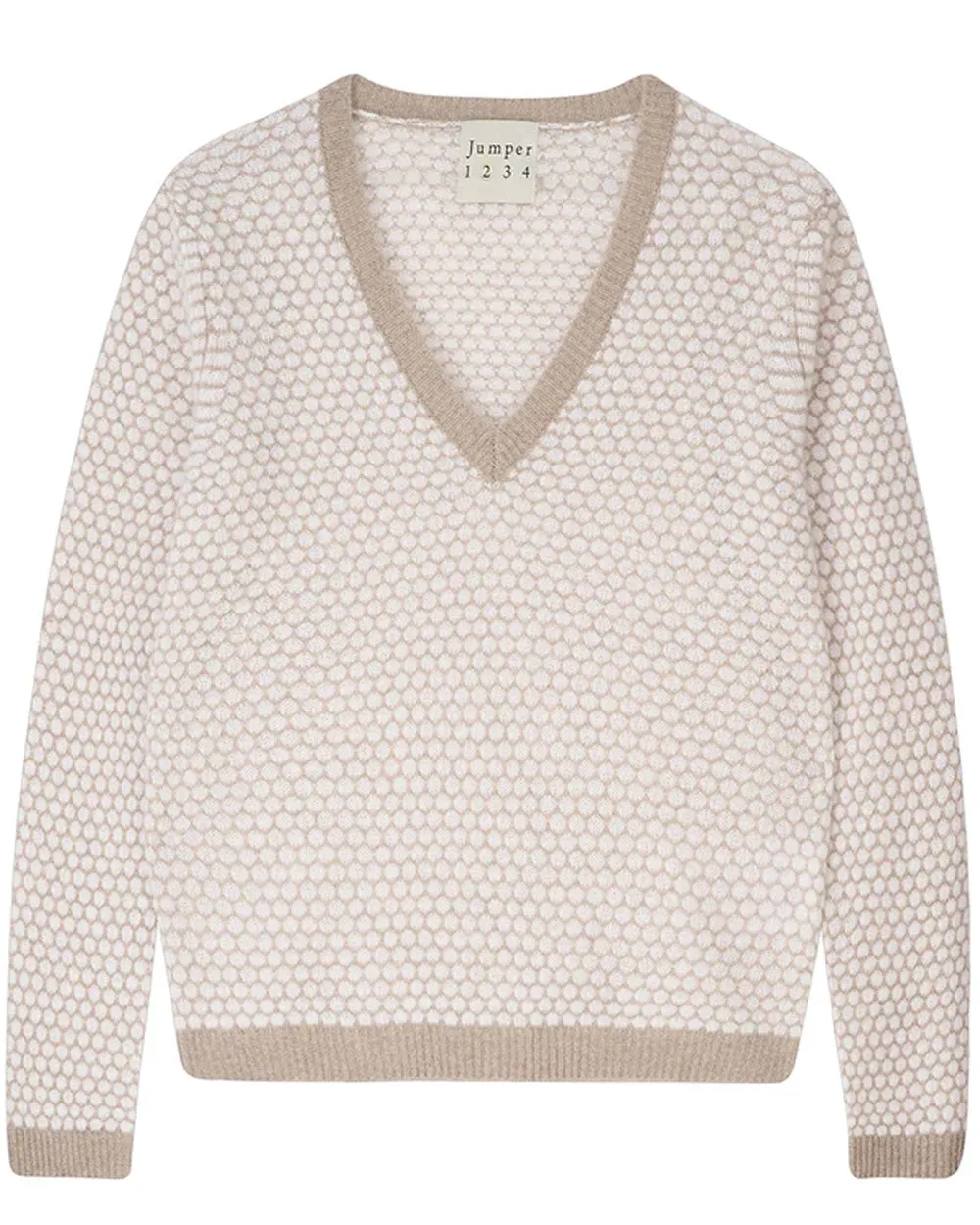 Light Brown and Cream Honeycomb V Neck Sweater