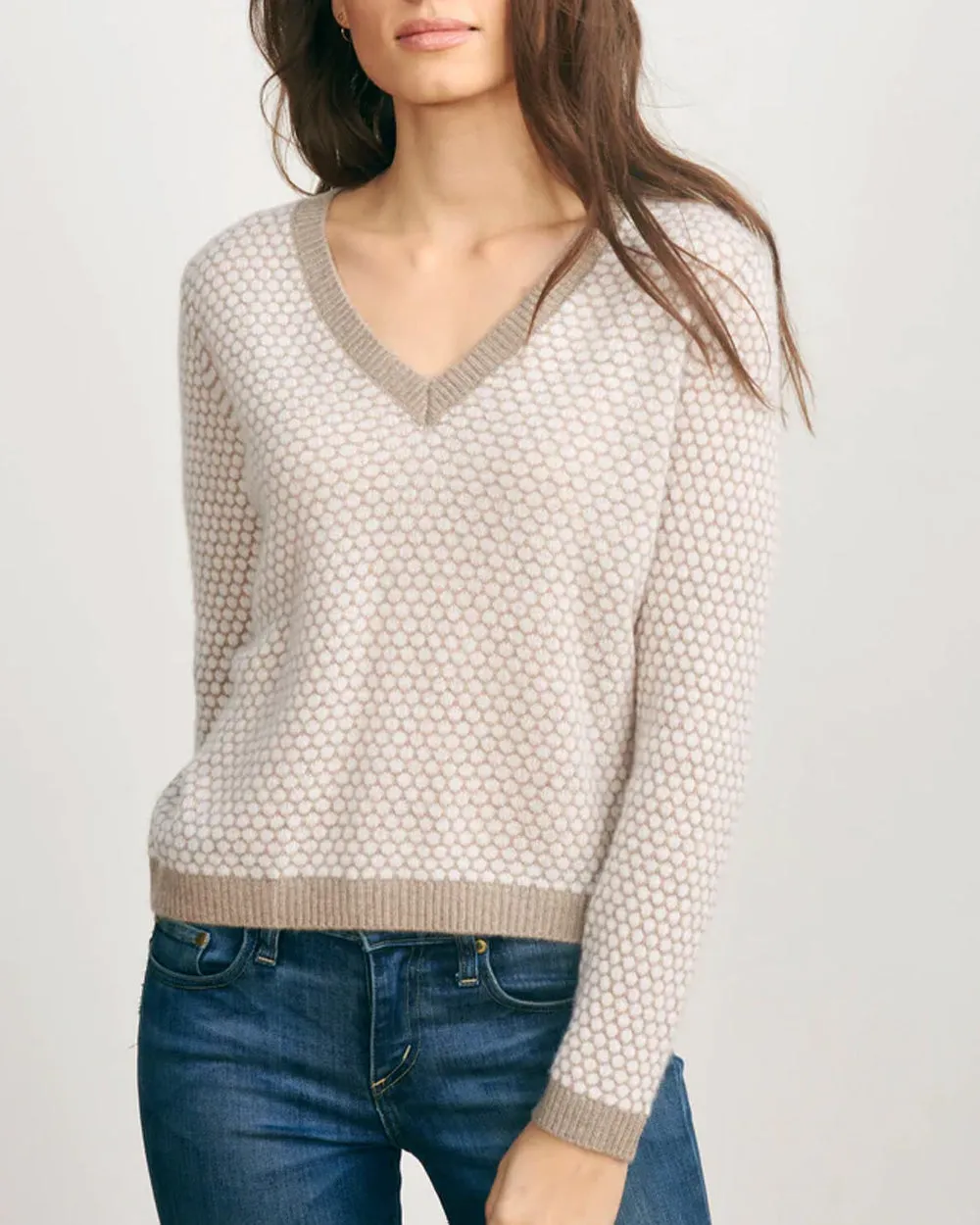 Light Brown and Cream Honeycomb V Neck Sweater