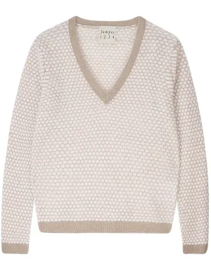 Light Brown and Cream Honeycomb V Neck Sweater