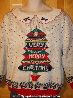 Tacky 80s Ugly Christmas Sweater with Sweet Collar and Classic Tree (f555)