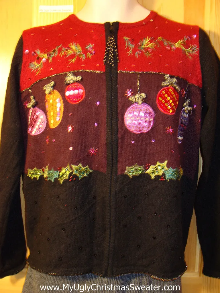 Tacky Cheap Ugly Christmas Sweater with Festive Ivy and Ornaments (f607)