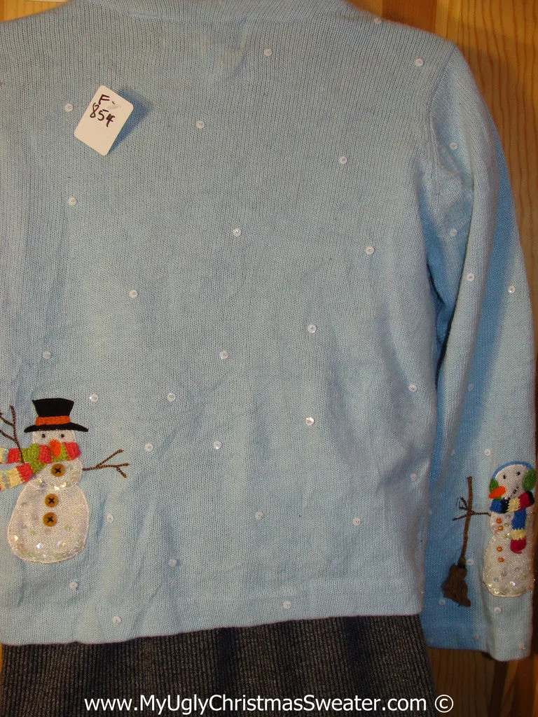 Tacky Christmas Sweater Party Ugly Sweater with Bling Snowmen on Front, Back, and Sleeves (f854)