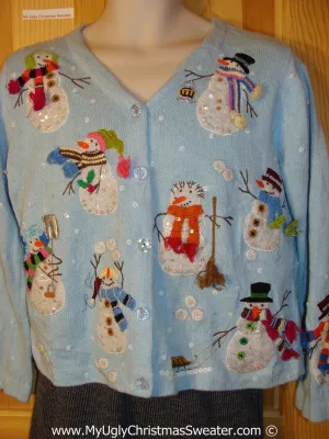 Tacky Christmas Sweater Party Ugly Sweater with Bling Snowmen on Front, Back, and Sleeves (f854)