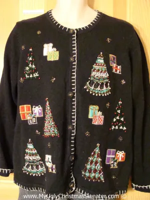 Tacky Christmas Sweater Party Ugly Sweater with Bling Trees and Gifts (f966)