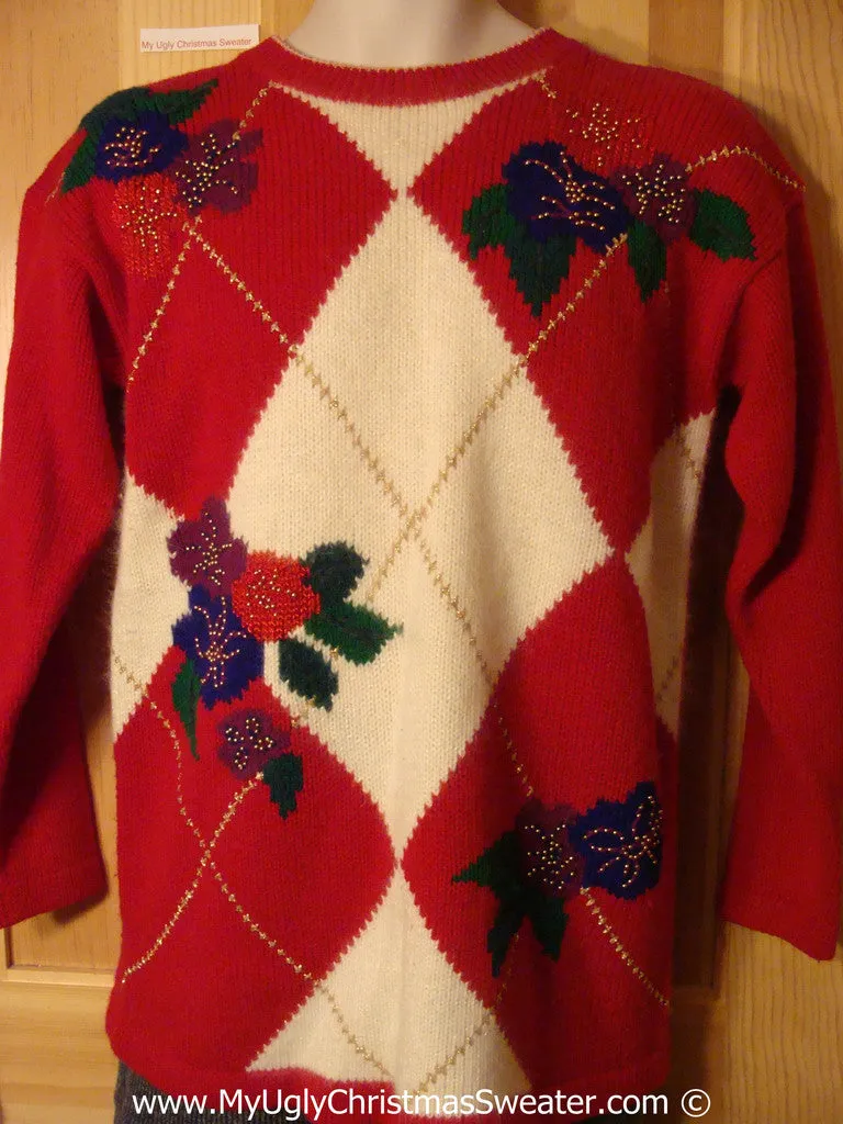 Tacky Christmas Sweater Party Ugly Sweater with Horrid Diamond Theme with Festive Foliage (f942)