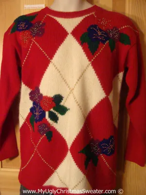 Tacky Christmas Sweater Party Ugly Sweater with Horrid Diamond Theme with Festive Foliage (f942)