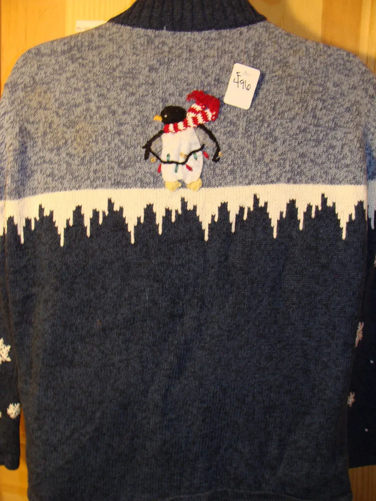 Tacky Ugly Christmas Sweater 2sided Decorations with Snowy Penguins (f496)