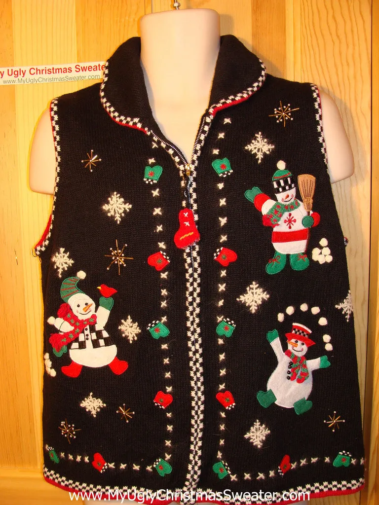Tacky Ugly Christmas Sweater Vest with a Trio of High-Maintanance Snowmen in their Festive Finery (f158)