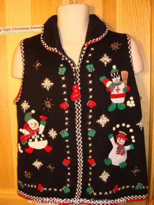 Tacky Ugly Christmas Sweater Vest with a Trio of High-Maintanance Snowmen in their Festive Finery (f158)