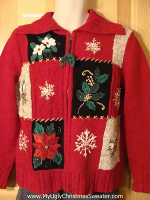 Tacky Ugly Christmas Sweater with Poinsettias and Ivy Zipper Pull  (f700)