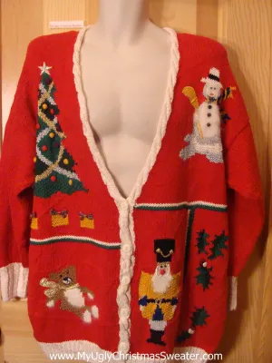 Ugly Christmas Sweater 80s Nutcracker, Tree, Snowman, Bear