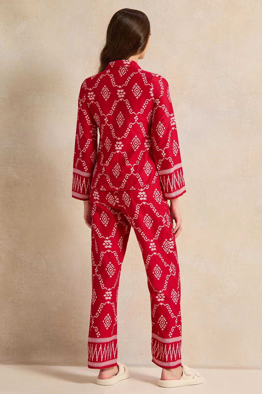 Women Red Aztec Dual Printed Collared Pyjama Set (2 Piece)