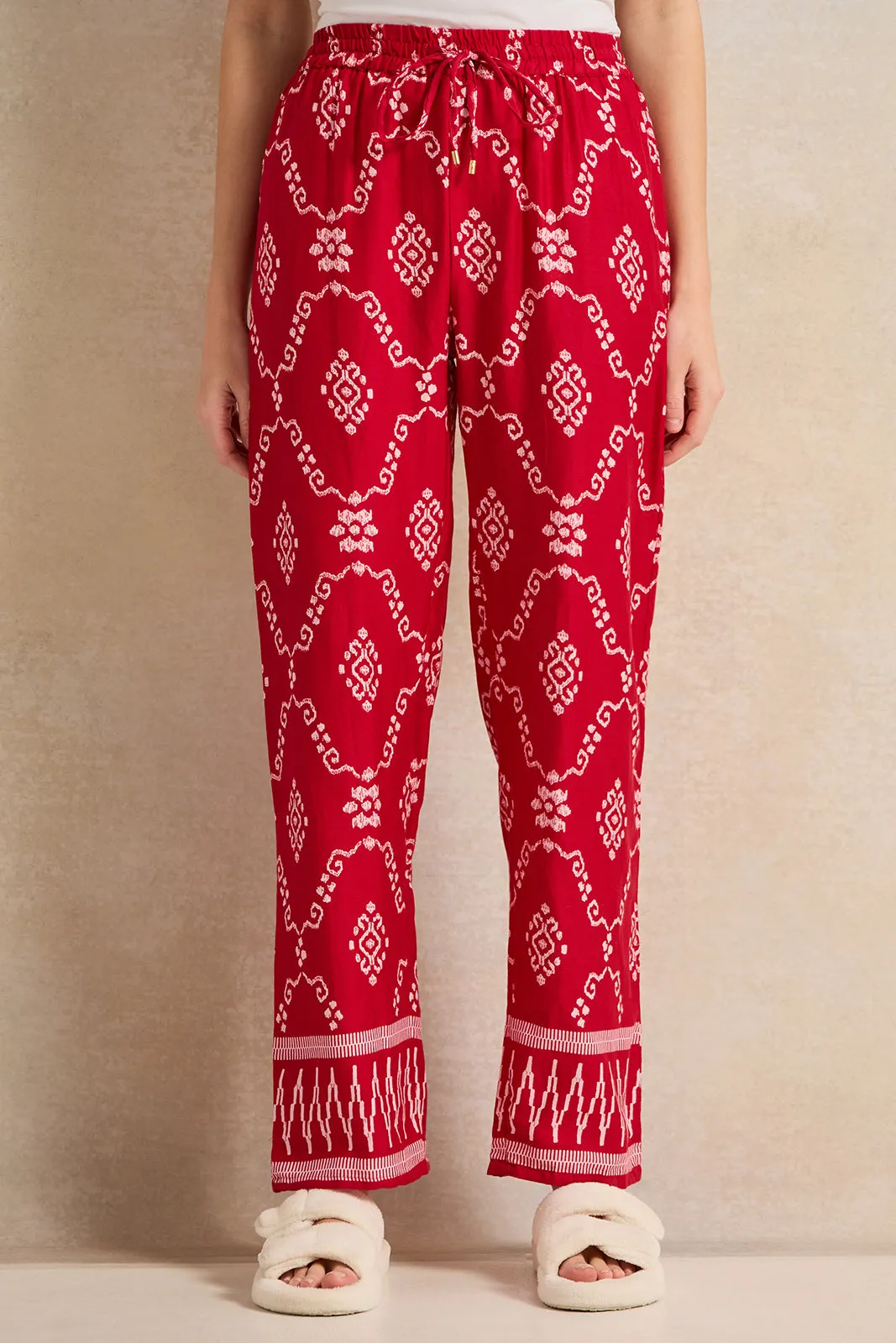 Women Red Aztec Dual Printed Collared Pyjama Set (2 Piece)