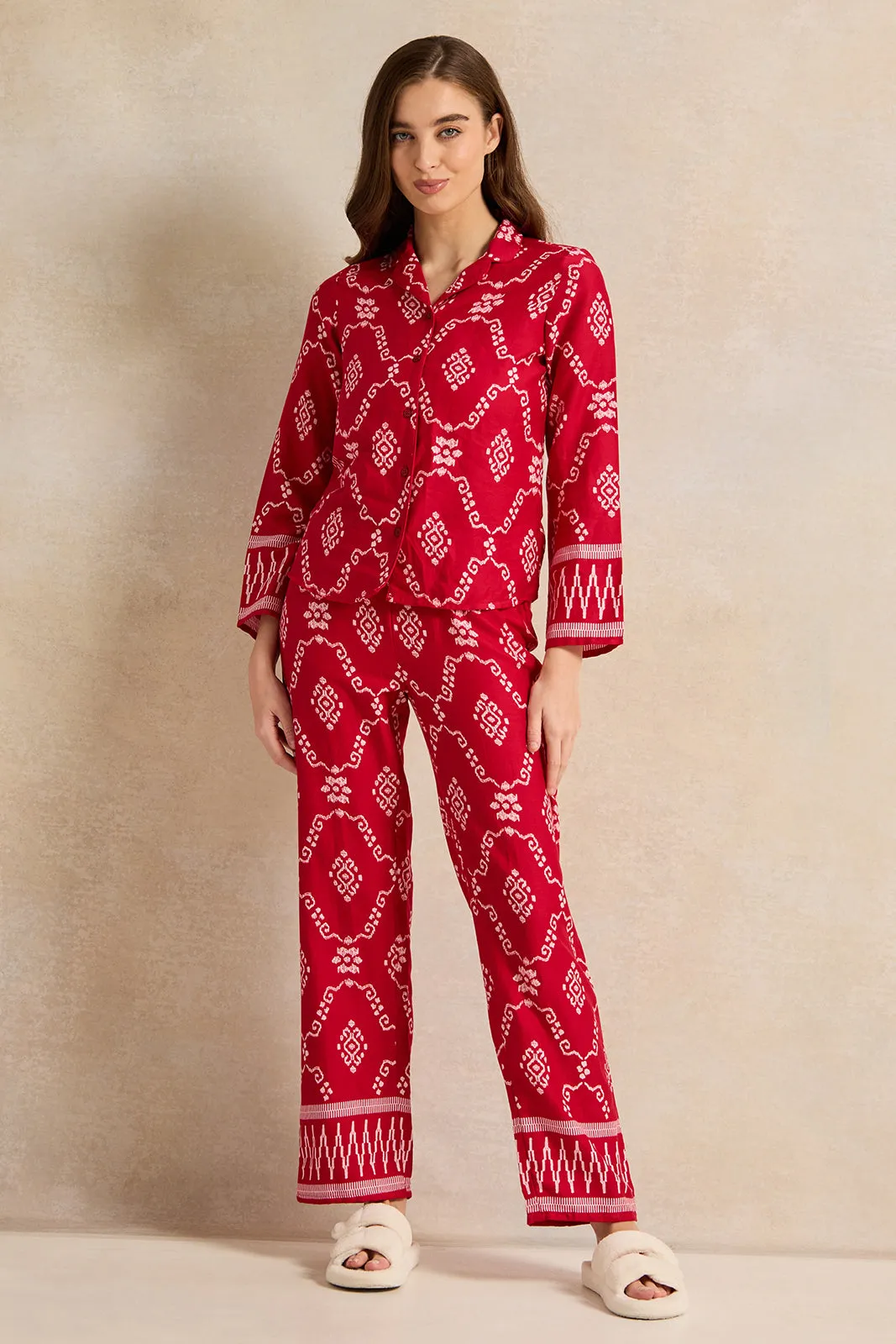 Women Red Aztec Dual Printed Collared Pyjama Set (2 Piece)