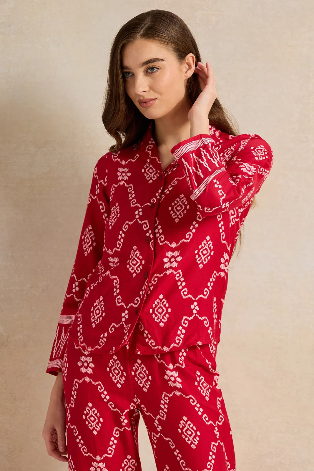 Women Red Aztec Dual Printed Collared Pyjama Set (2 Piece)