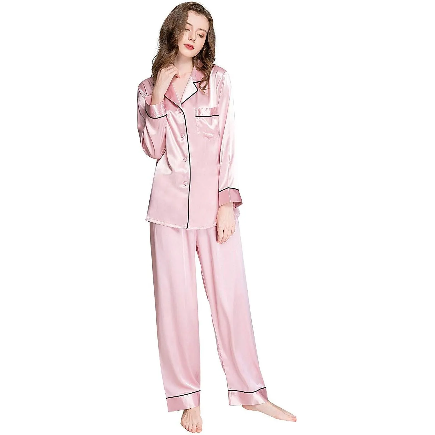 Women Silk Pajamas Set Long Sleeve Two-piece Pure Silk PJ Set