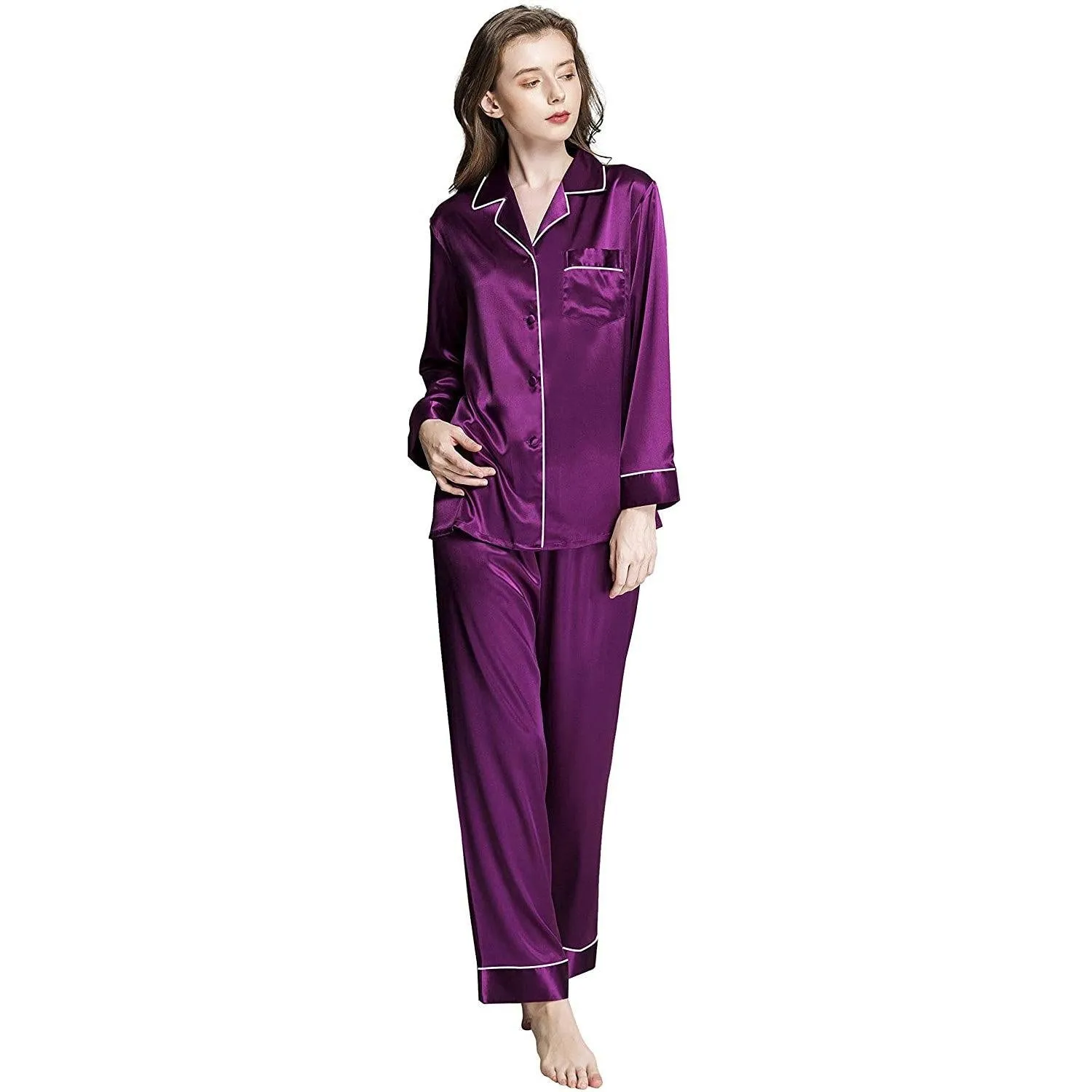 Women Silk Pajamas Set Long Sleeve Two-piece Pure Silk PJ Set