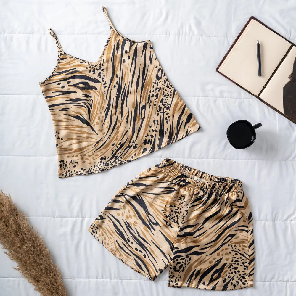 Women summer pajama set Beige x Black leopard top   shorts