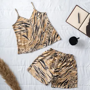 Women summer pajama set Beige x Black leopard top   shorts