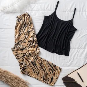 Women summer pajama set  Black Top  Beige Cheetah pants