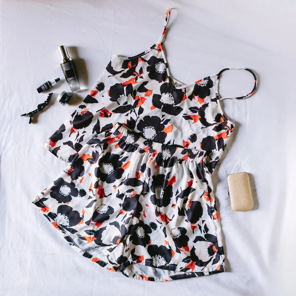 Women summer pajama set Orange x Black Floral Pattern top   shorts