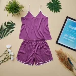 Women summer pajama set Purple top with off white straps   shorts