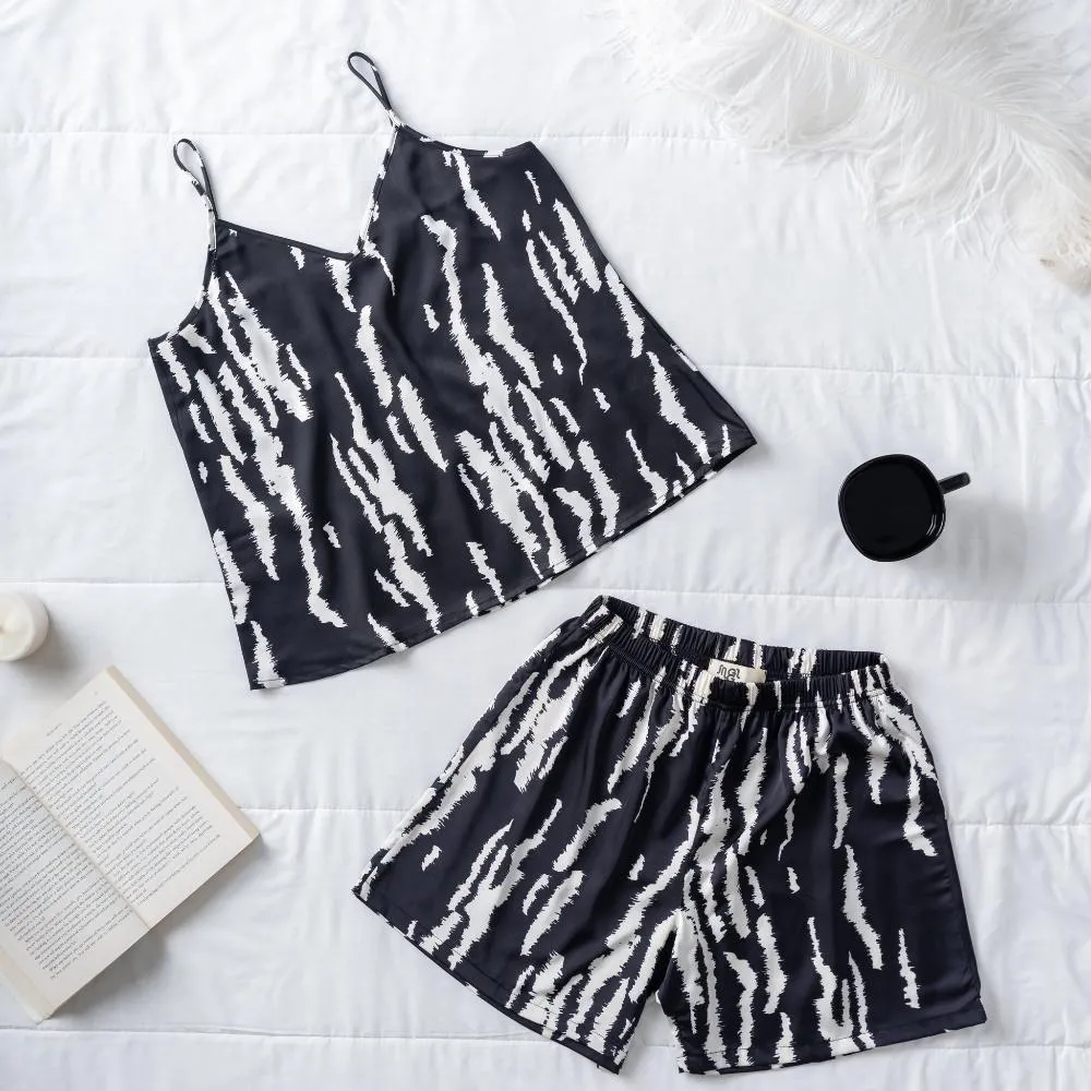Women summer pajama set White x Black Zebra top   shorts