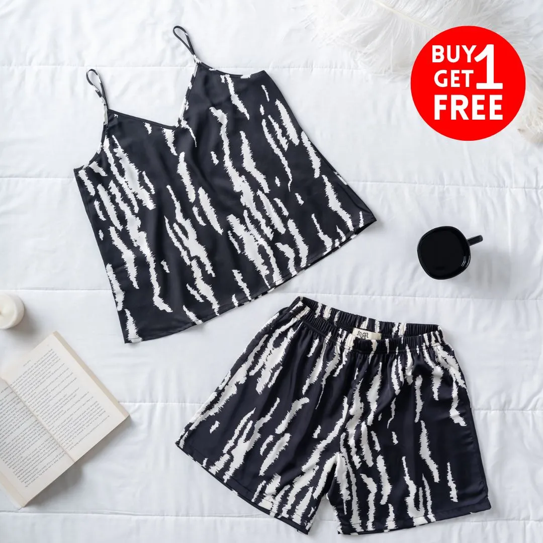 Women summer pajama set White x Black Zebra top   shorts