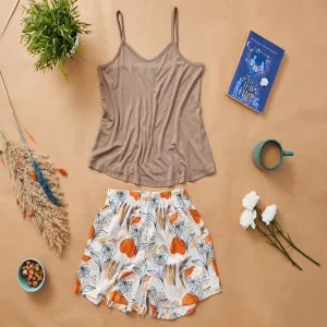 Women summer satin pajama set Cafe Top  Cafe x Orange shorts
