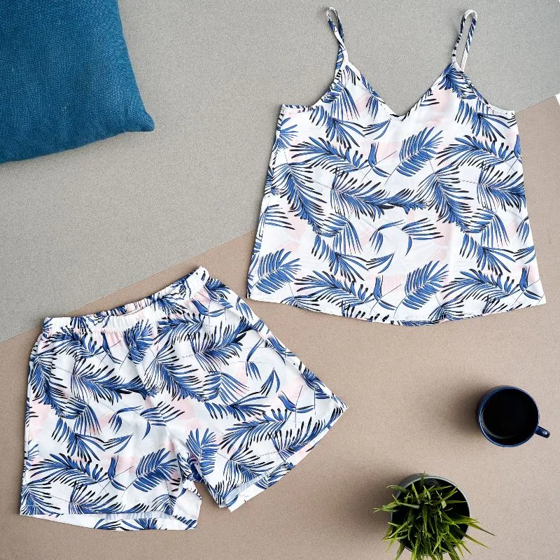 Women summer satin pajama set White x Blue leaves top   shorts