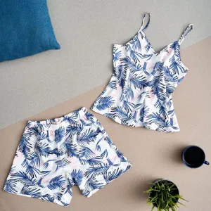 Women summer satin pajama set White x Blue leaves top   shorts